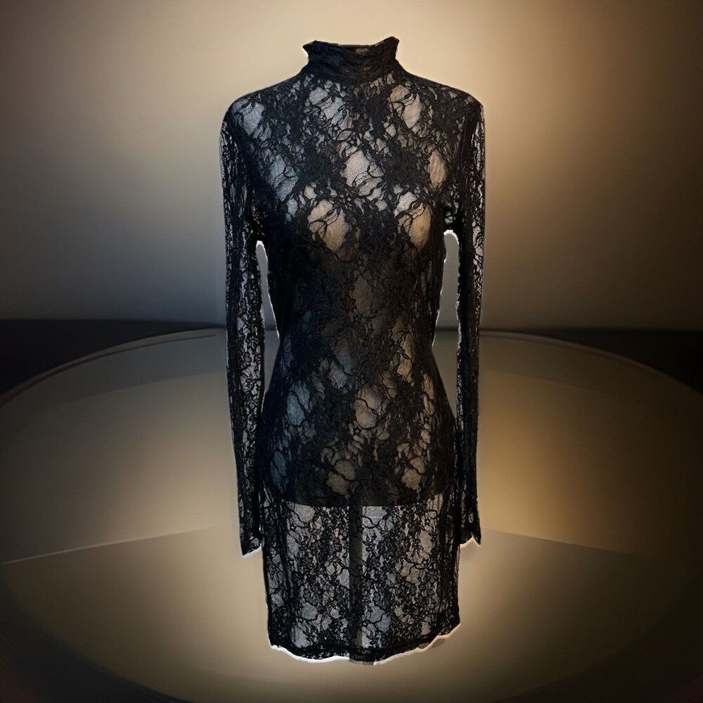 Shein Black Lace Long Sleeve Midi Dress, Size S, Semi-Sheer, layering, Bodycon